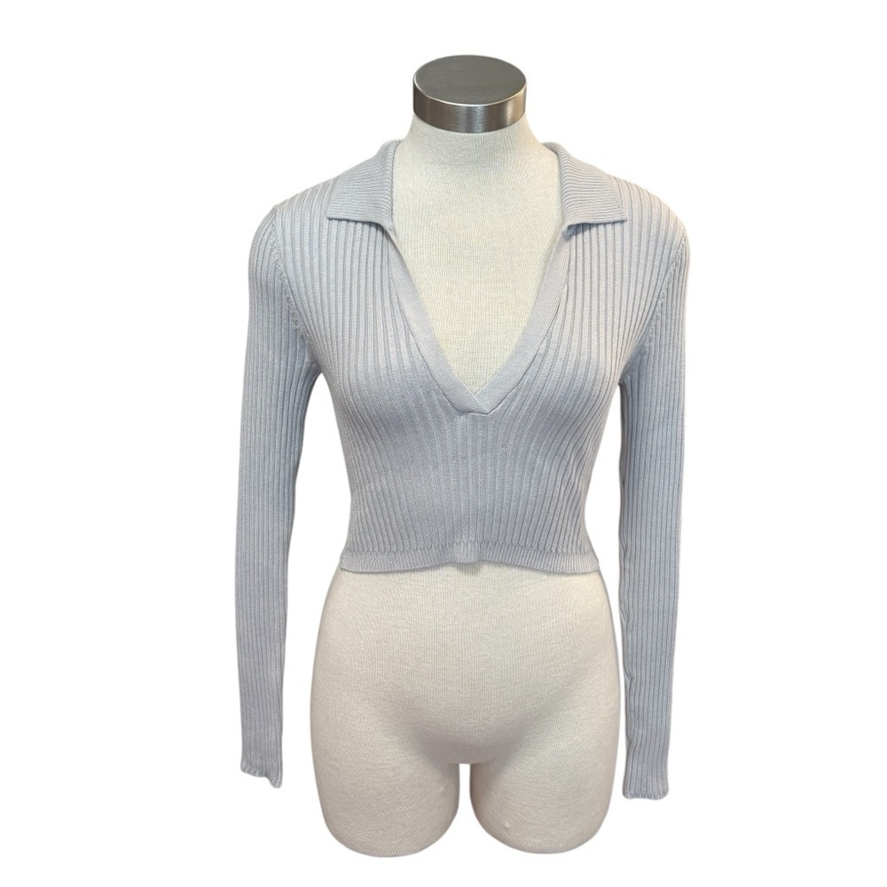 437 Womens Gaia Essentials Cropped Top Polo Ribbed Gray Collared Sz M